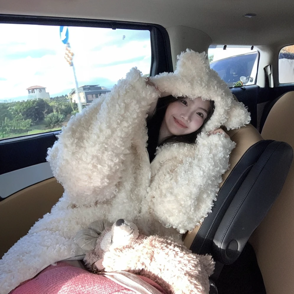 2024秋冬新款可爱小熊耳朵环保毛毛外套女宽松拉链白色连帽上衣