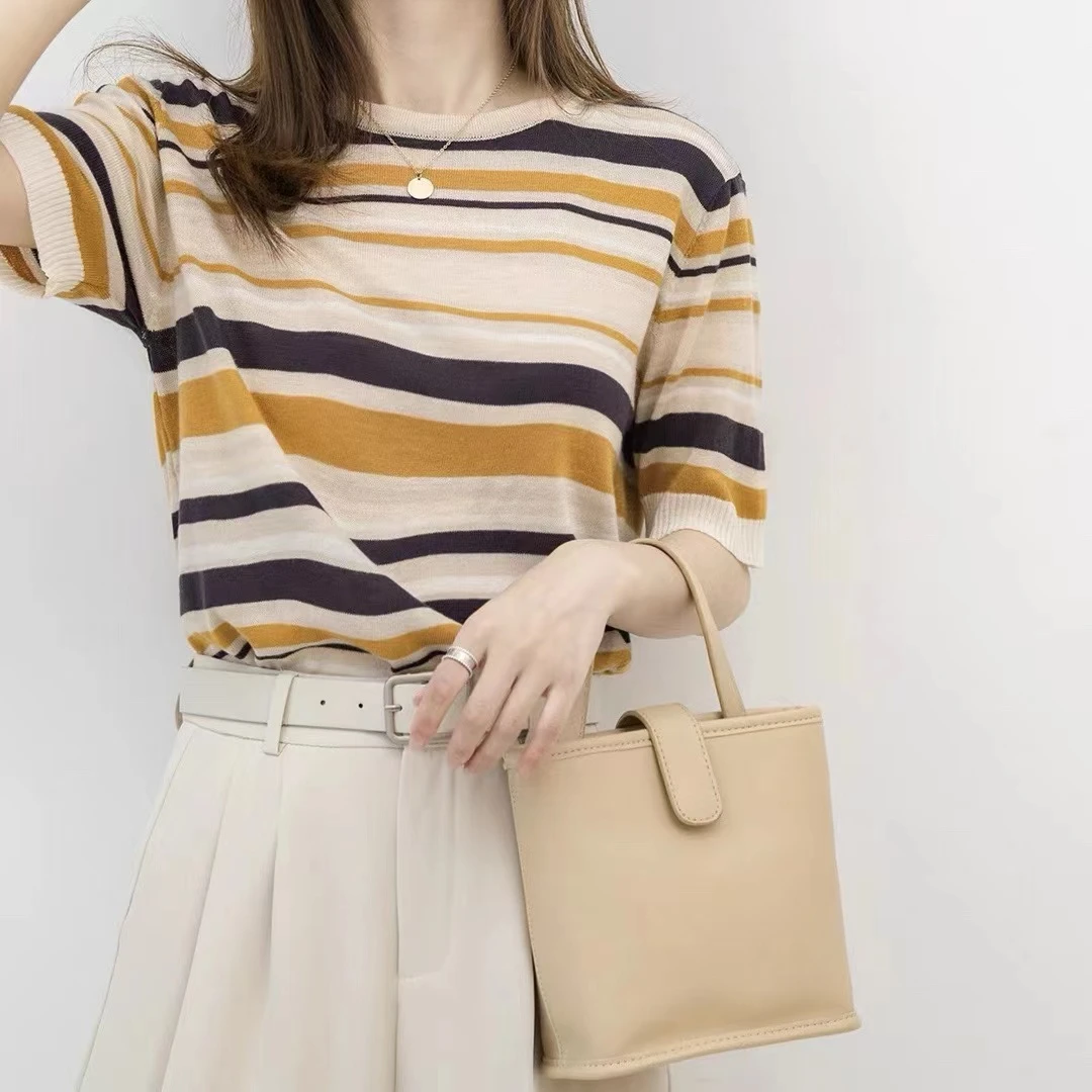 复古经典黄色条纹针织短袖T恤