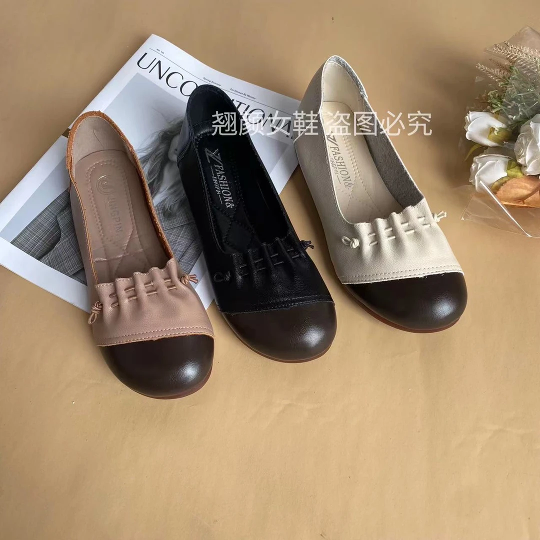 【翘颜品牌】夏季新款软皮软底女舒适百搭平底防滑圆头豆豆鞋777