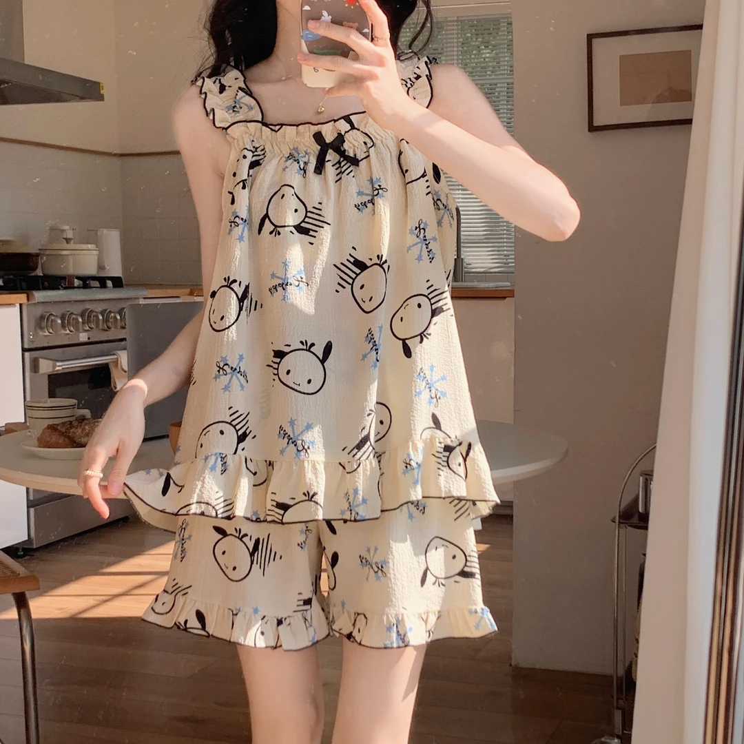 睡衣女夏季薄款绉布背心带胸垫少女甜美卡通网红爆款家居服两件套