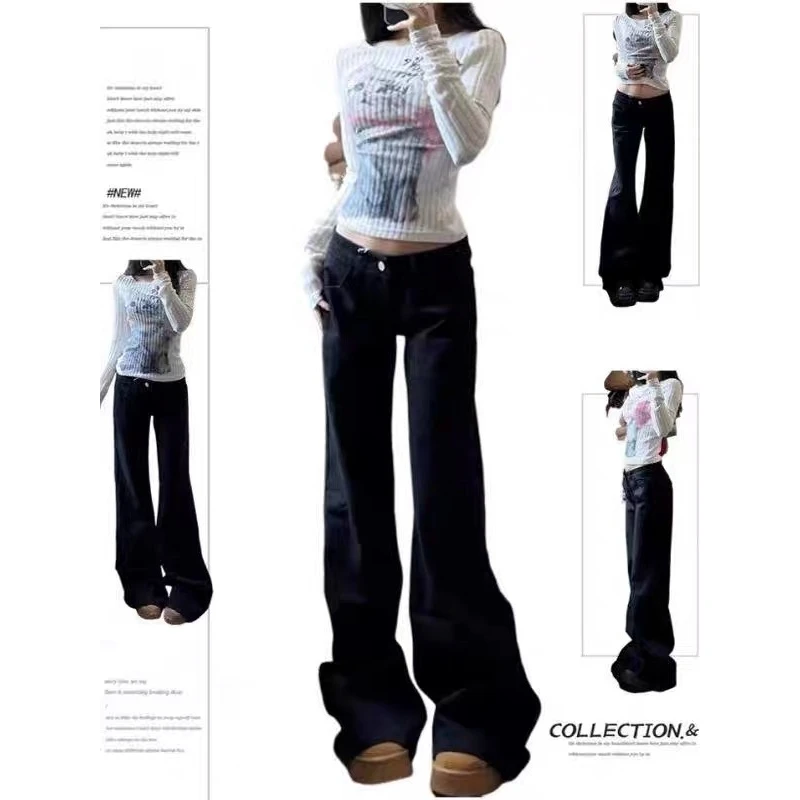 黑色小个子辣妹牛仔裤水洗低腰辣妹美式复古阔腿宽松显瘦垂感拖地