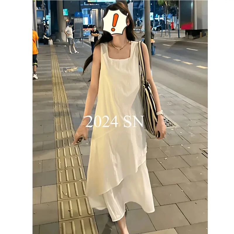 新款下摆拼接显瘦背心连衣裙女士夏装时尚气质宽松休闲长裙7709