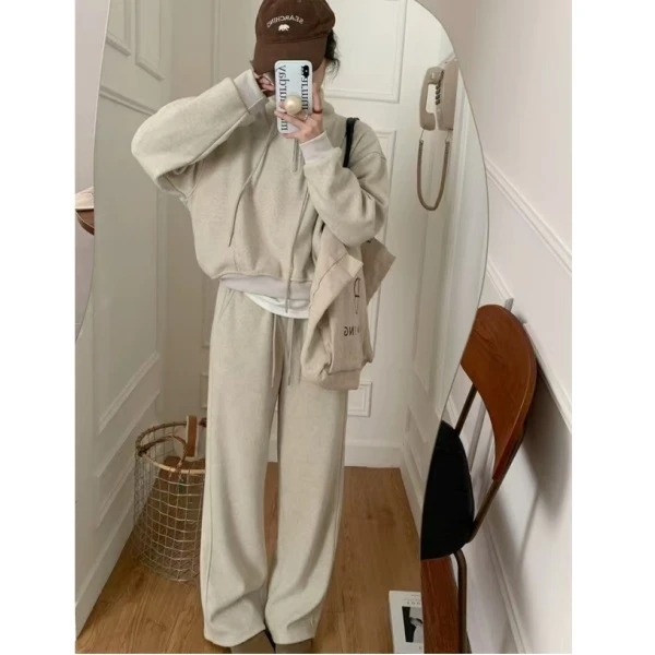2024秋冬新款韩版时尚慵懒宽松设计感半拉链卫衣松紧腰休闲裤套装