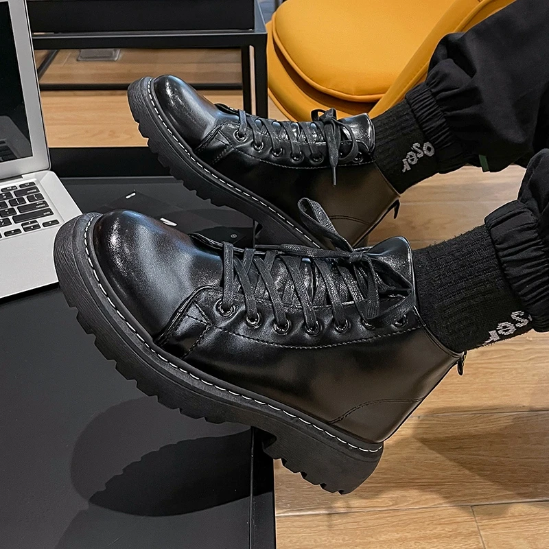 马丁靴男春秋款加绒冬季男鞋中帮皮靴男短靴工装高帮皮鞋男士靴子