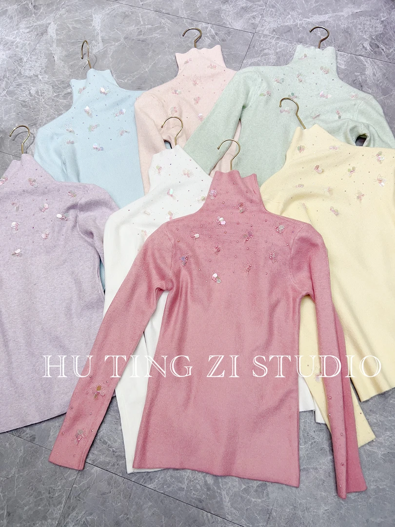 秋冬新款重工闪钻亮片设计修身显瘦百搭高领针织打底衫上衣 #9019