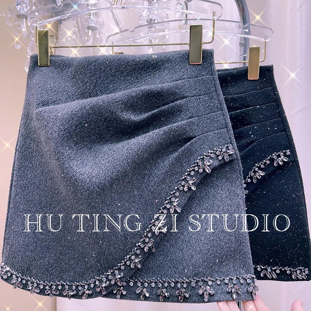 秋冬新款重工钉珠水钻闪闪褶皱设计毛呢高腰A字半身裙短裙  #8901