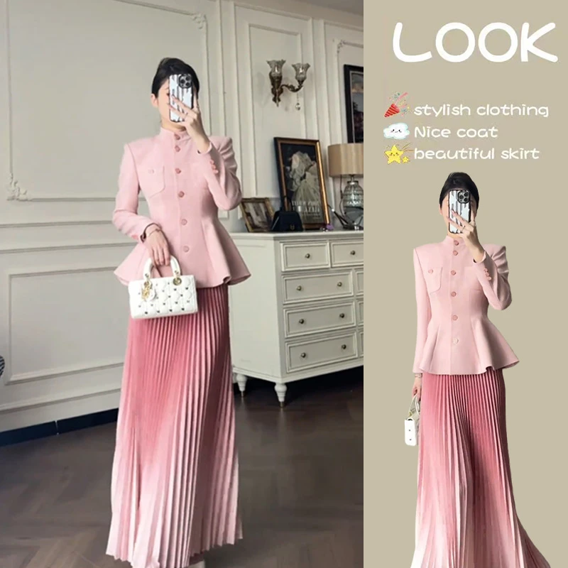 法式名媛高级感套装女2024秋季新款收腰外套压褶半身裙两件套女装