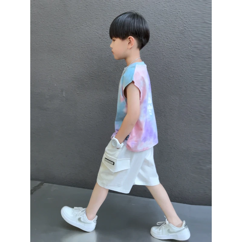 男童夏季薄款背心2024新款中小童夏款男孩休闲洋气扎染T恤童装潮