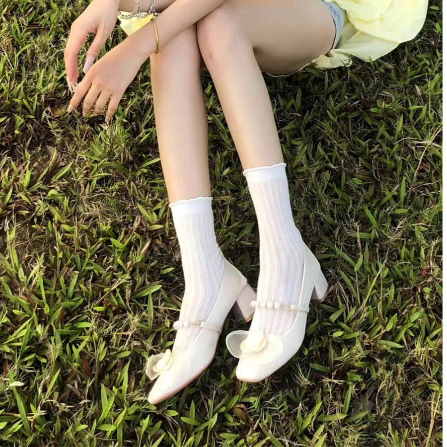 2024秋新款中式鞋子法式温柔配裙子鞋玫瑰花白色高跟鞋玛丽珍鞋女