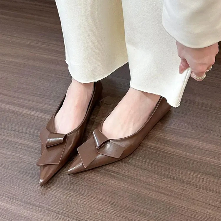 法式气质尖头蝴蝶结单鞋女一脚蹬通勤黑色浅口瓢鞋平底