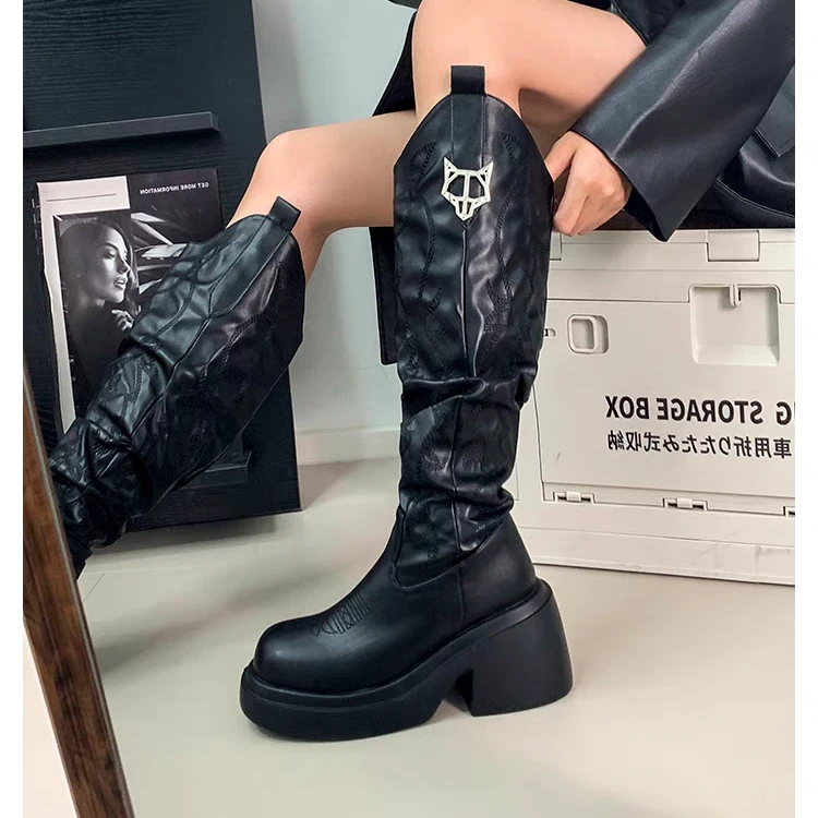 2024秋冬新款真皮褶皱骑士靴显瘦金属粗跟长筒靴不过膝瘦瘦靴