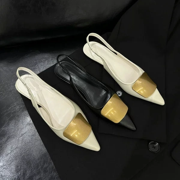 2024春夏新款设计感金属扣尖头平底单鞋浅口平跟软底包头凉鞋女鞋