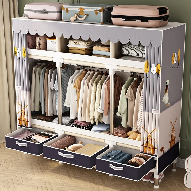 【带抽屉】宿舍组装布衣柜钢管加粗加固加厚牛津布衣橱卧室结实衣柜