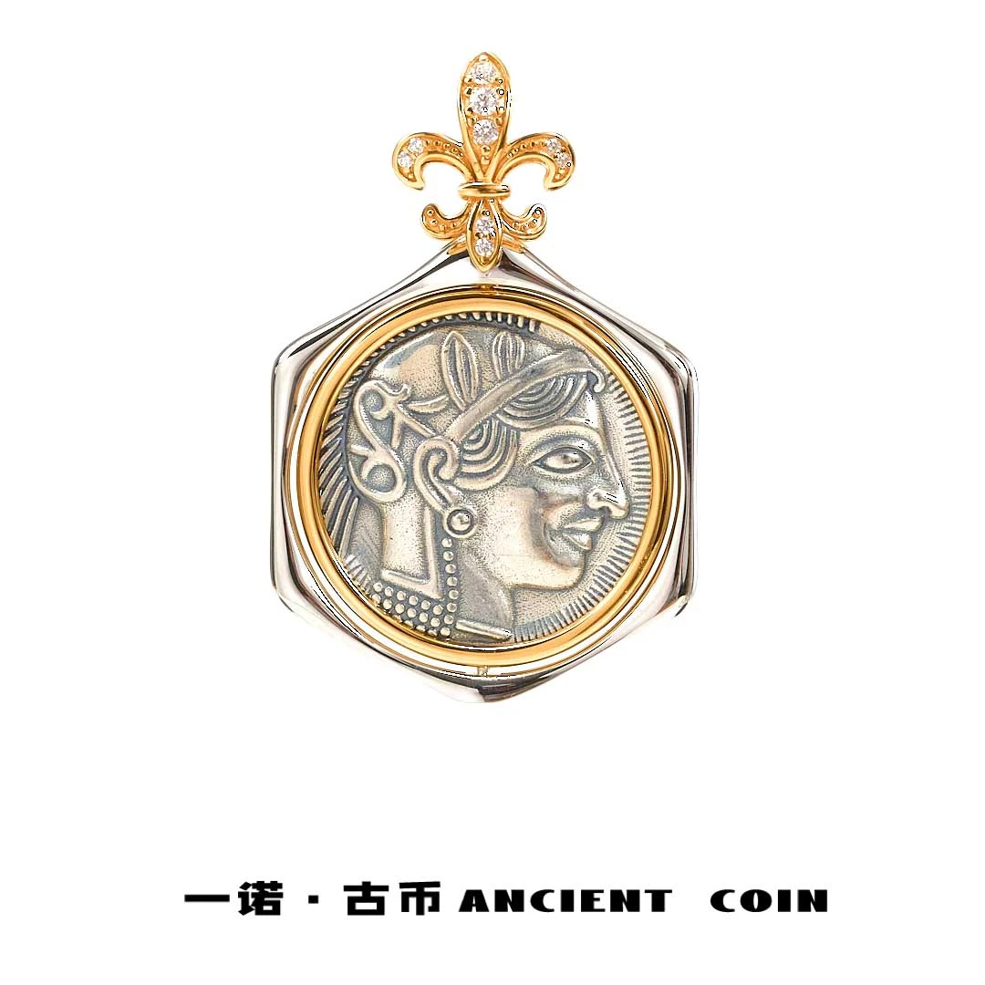 坠链均925银 【雅典娜与猫头鹰】GB-DZ071银色六边形简复古风币吊坠