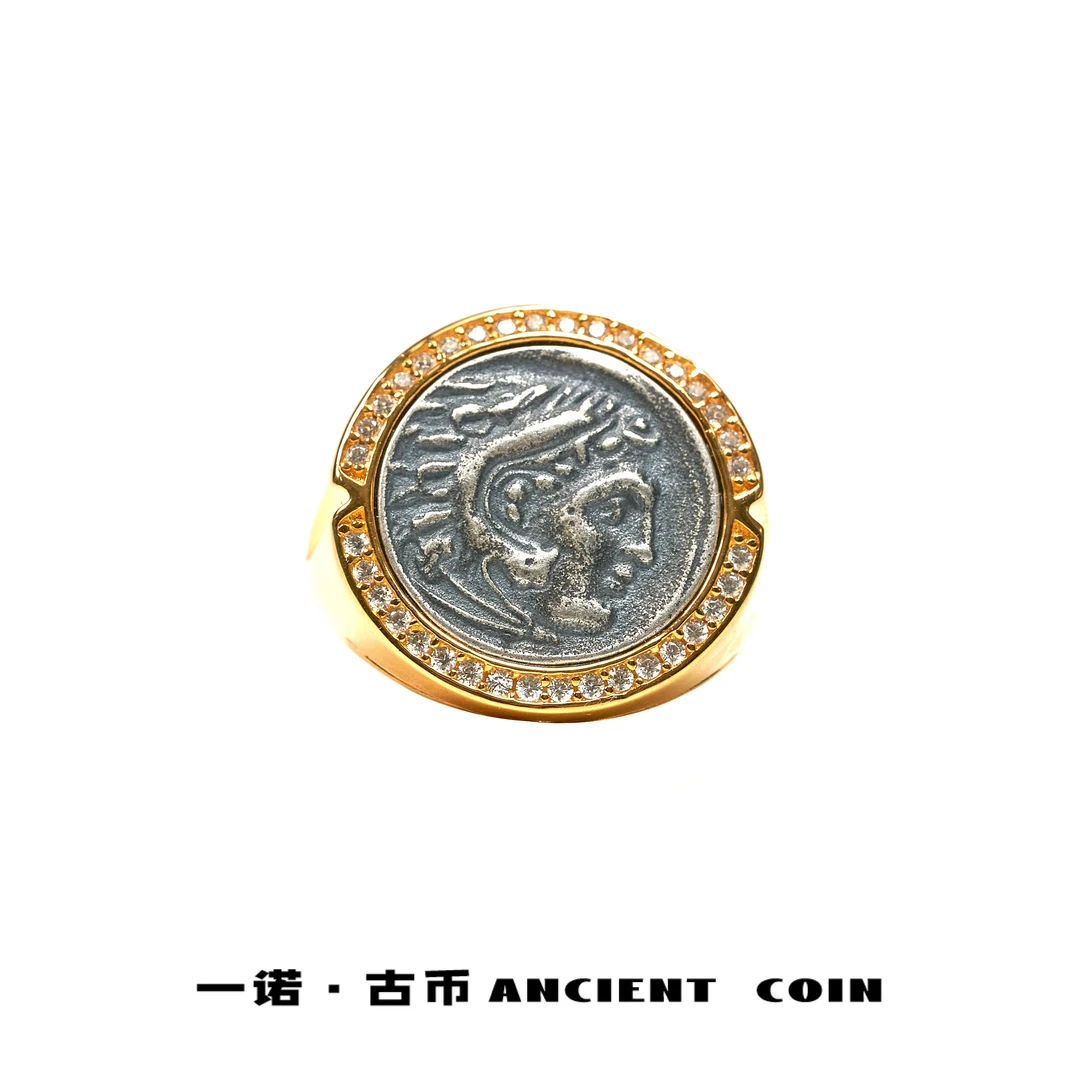 925银戒指 【大力神】GB-JZ077圈锆三角点缀复古风币开口戒指