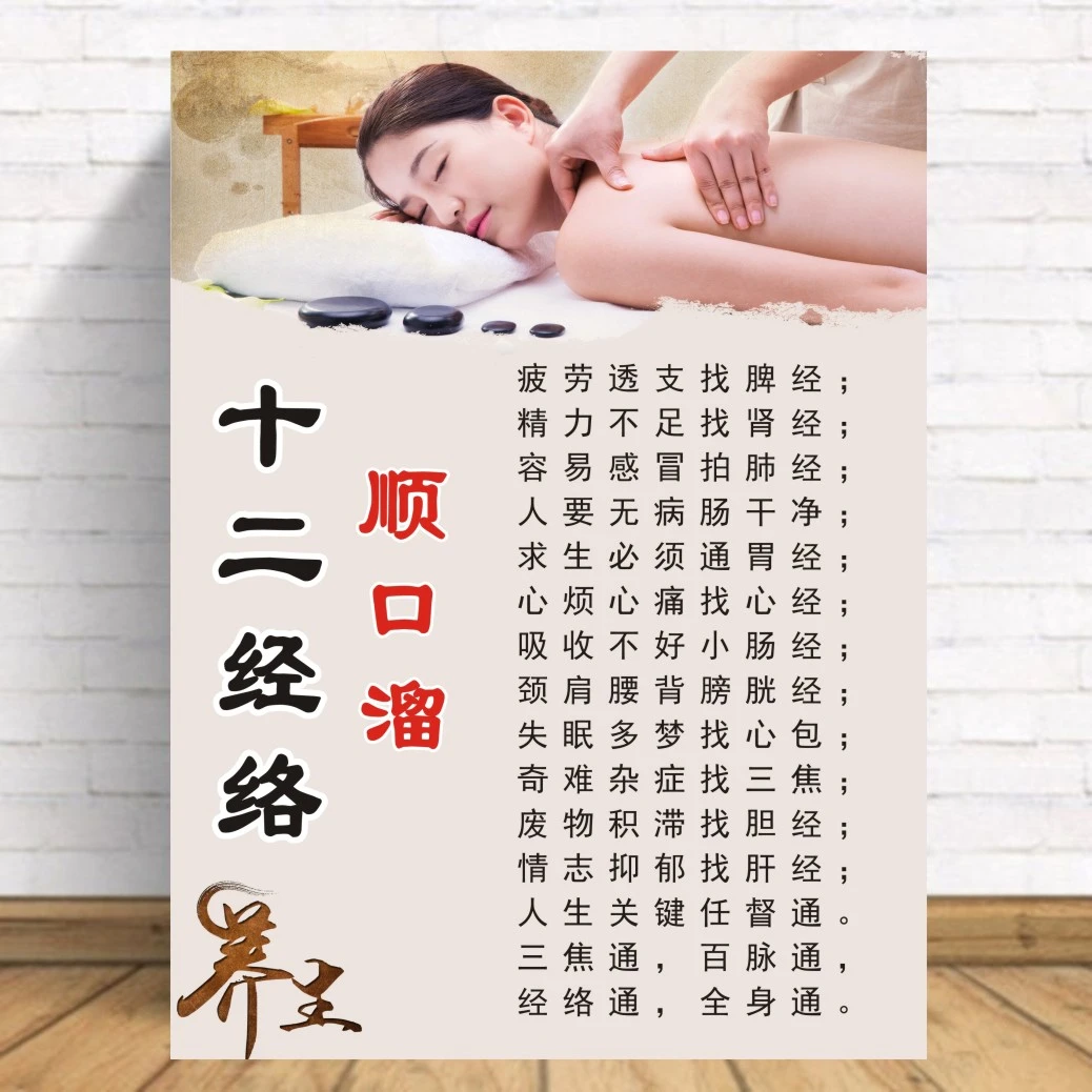 十二经络顺口溜海报墙贴中医美容养生馆经络图展示画自粘贴画制作