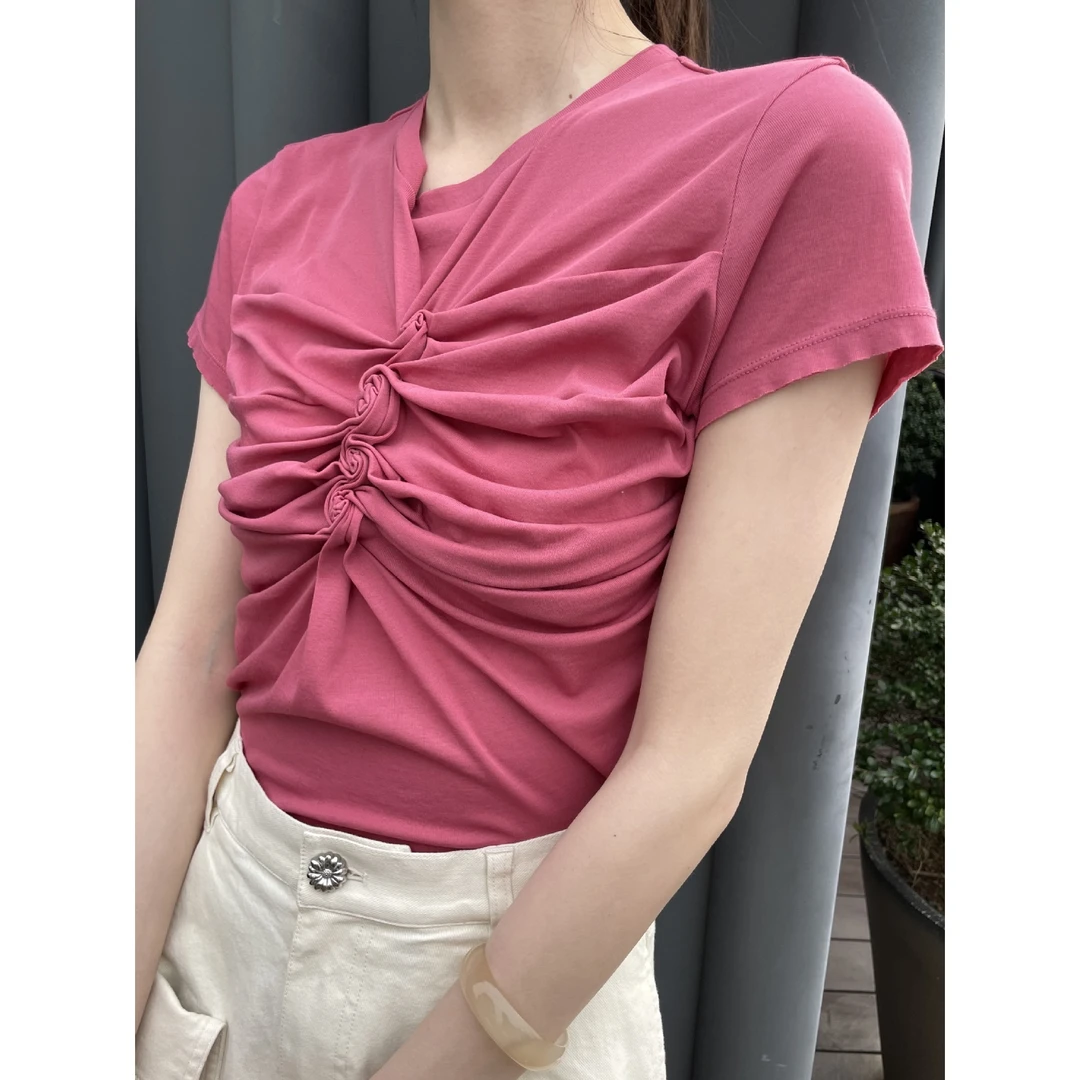 23521小众设计感圆领立体玫瑰花朵褶皱短袖T恤休闲风通勤显瘦上衣