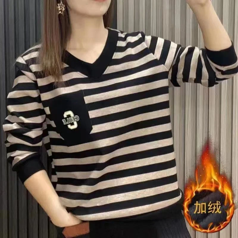 2024秋冬加绒加厚条纹T恤休闲百搭宽松遮肉显瘦洋气打底衫女上衣