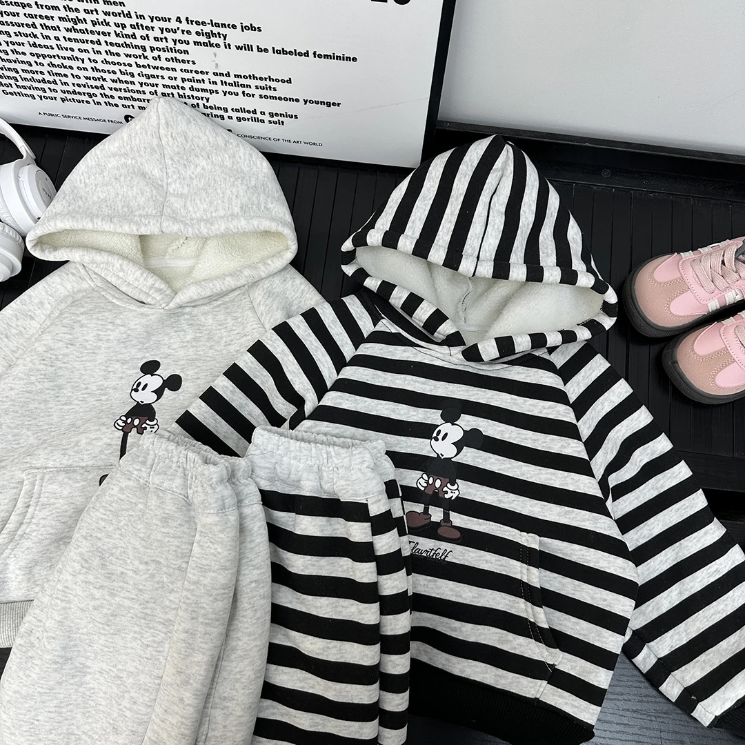 【加绒加厚】儿童套装卫衣连帽条纹韩版ol女童长袖男童洋气针织小童