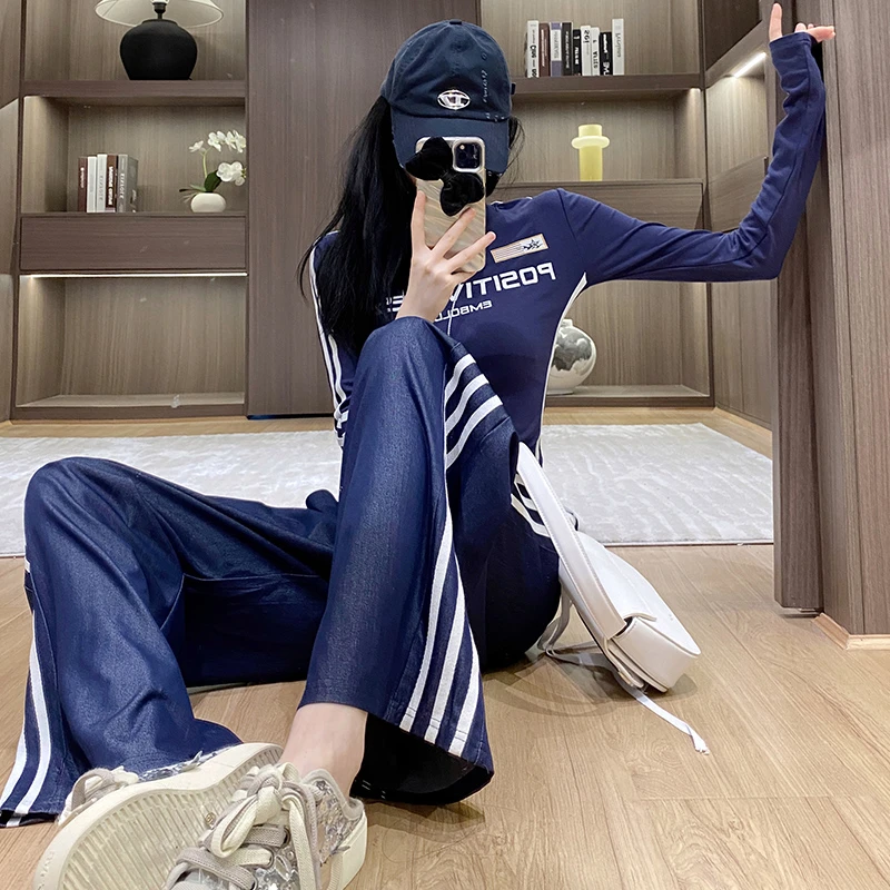 美式高级感时尚休闲运动套装女春秋季侧条纹长袖T恤阔腿裤两件套