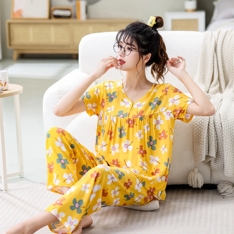 夏季薄款套装休闲大码V领家居服睡衣宽松空调服女士棉绸两件套