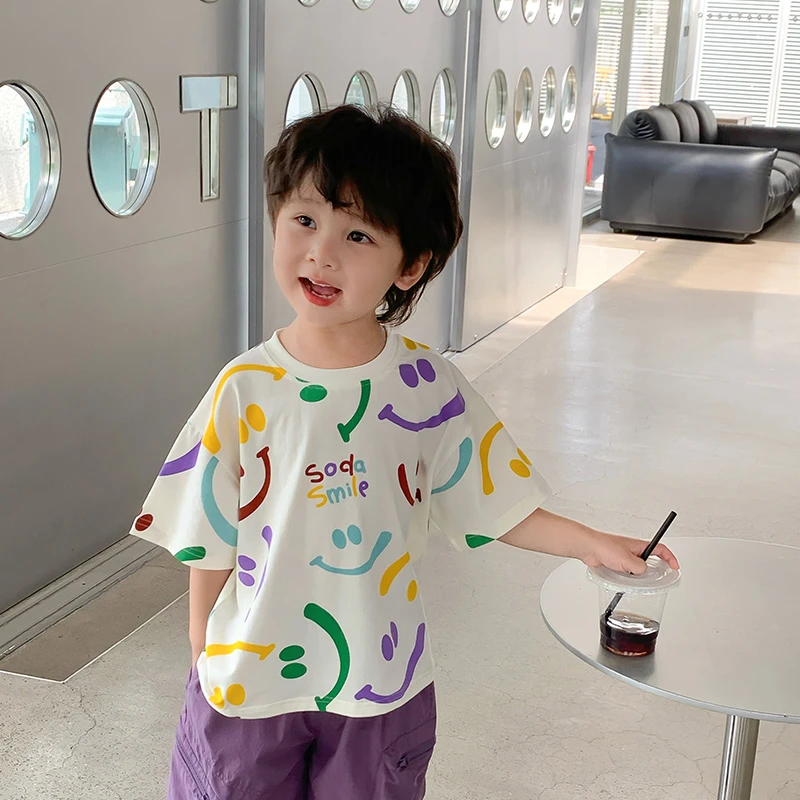 舒适百搭~夏季儿童宽松短袖T恤印花上衣男童帅气圆领背心上衣潮