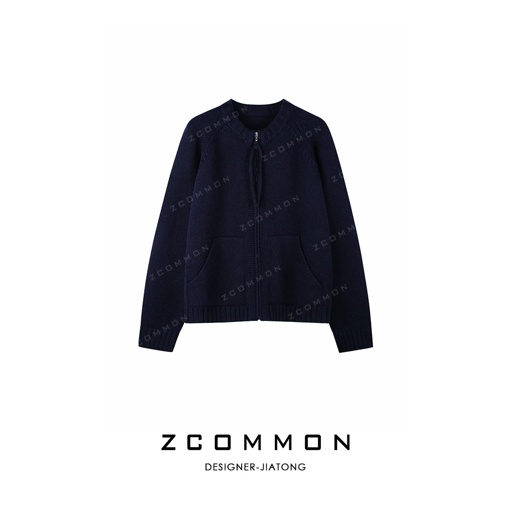 JAVLCOCE/娇可可秋冬纯色拉链开衫圆领落肩针织毛衣 050006