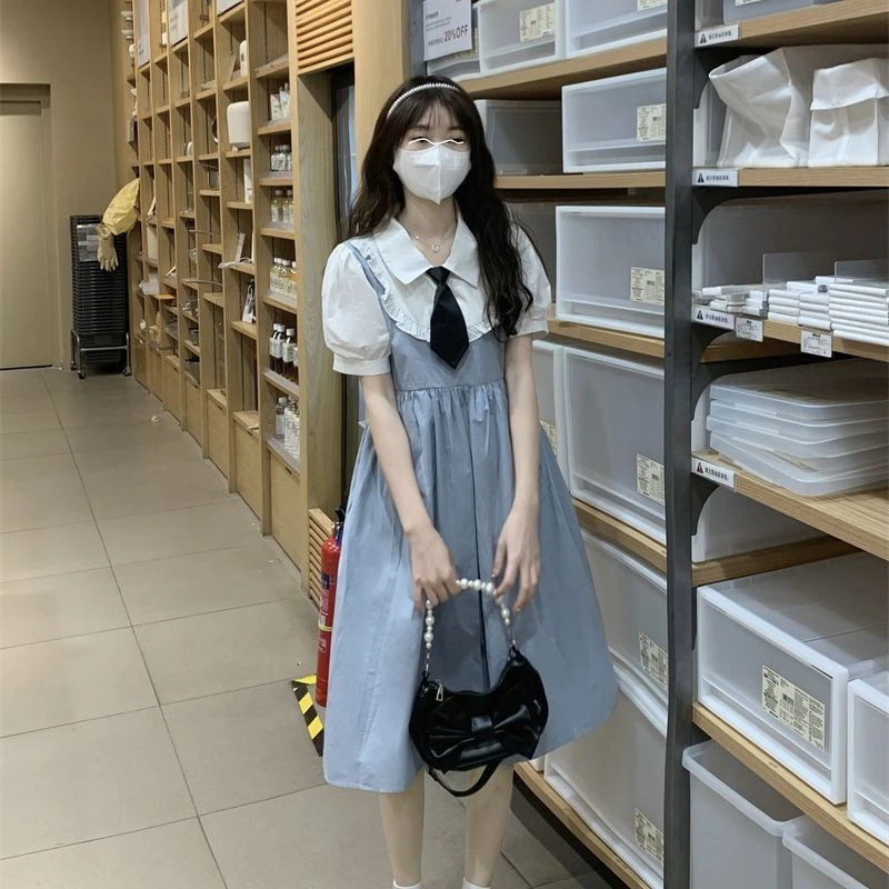 假两件连衣裙少女夏季新款初中高中学生学院风设计感过膝收腰裙子