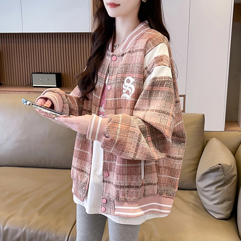 粉色格子拼接棒球服外套女春秋款初中高中生宽松美式复古休闲夹克