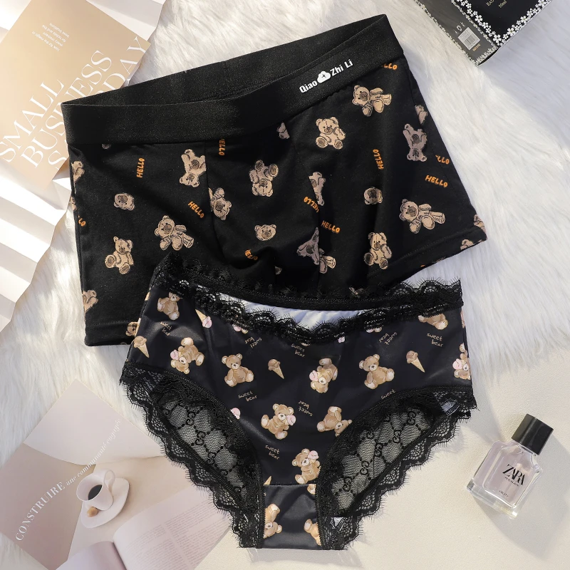 2025新款小熊情侣内裤一男一女性感纯欲可爱蕾丝夫妻内衣短裤裤衩