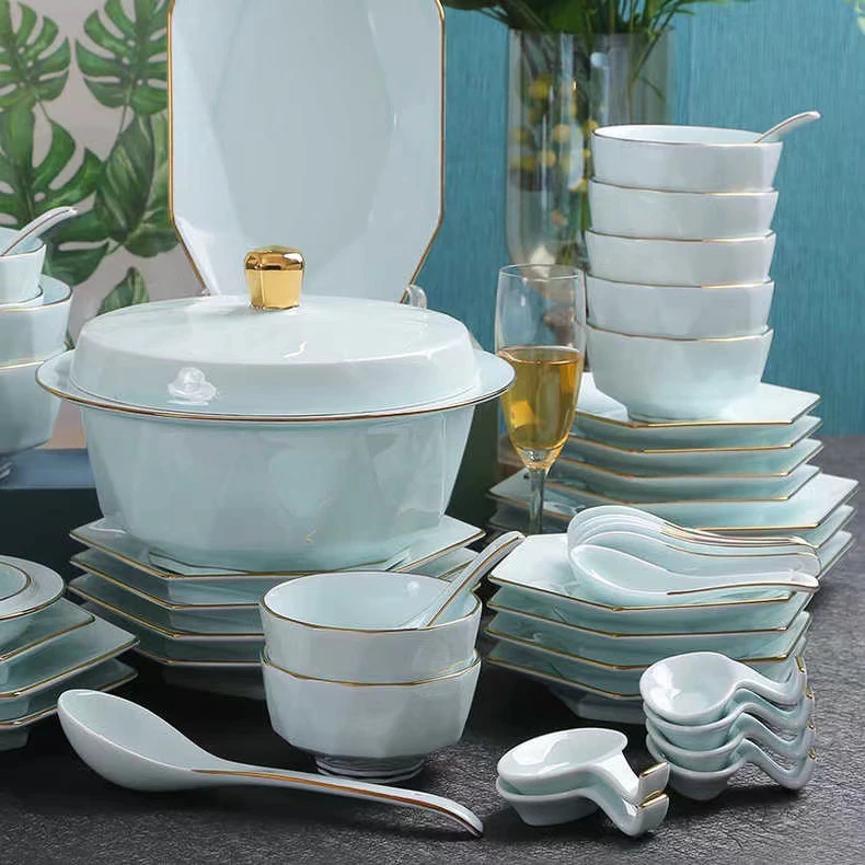 景德镇青瓷餐具套装防烫厚款碗盘创意碗碟套装家用轻奢碗盘套组