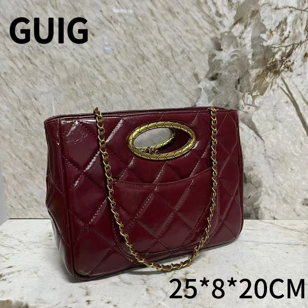 GUIG24秋冬新款手工真皮定制女包椭圆红色