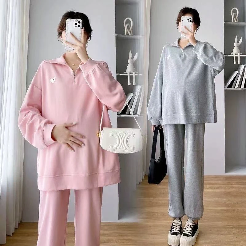 孕妇套装侧边开叉设计拉链翻领托腹裤束脚裤两件套2024新款女