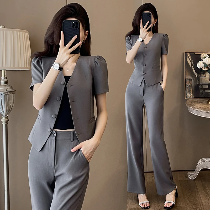 高端灰色短袖西装套装御姐女夏装薄款气质女神范职业西装夏季薄款