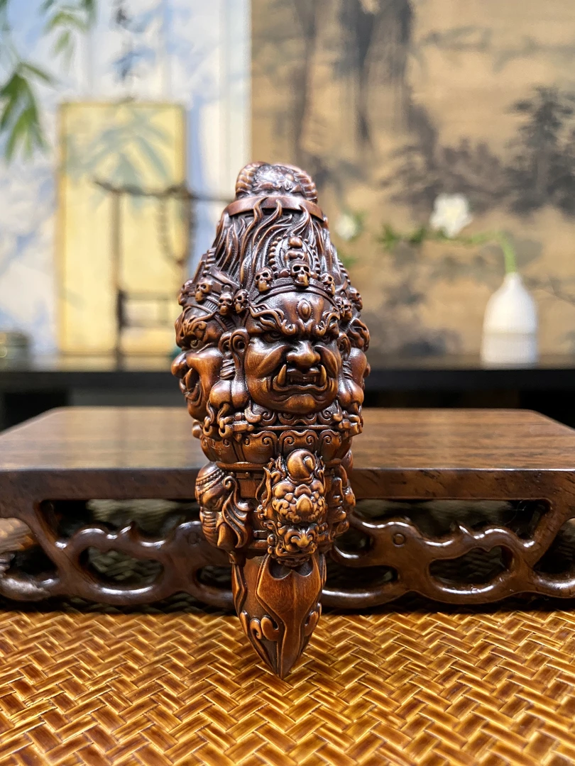 黄杨木仿古大黑天降棒棒手把件挂件吊坠10公分