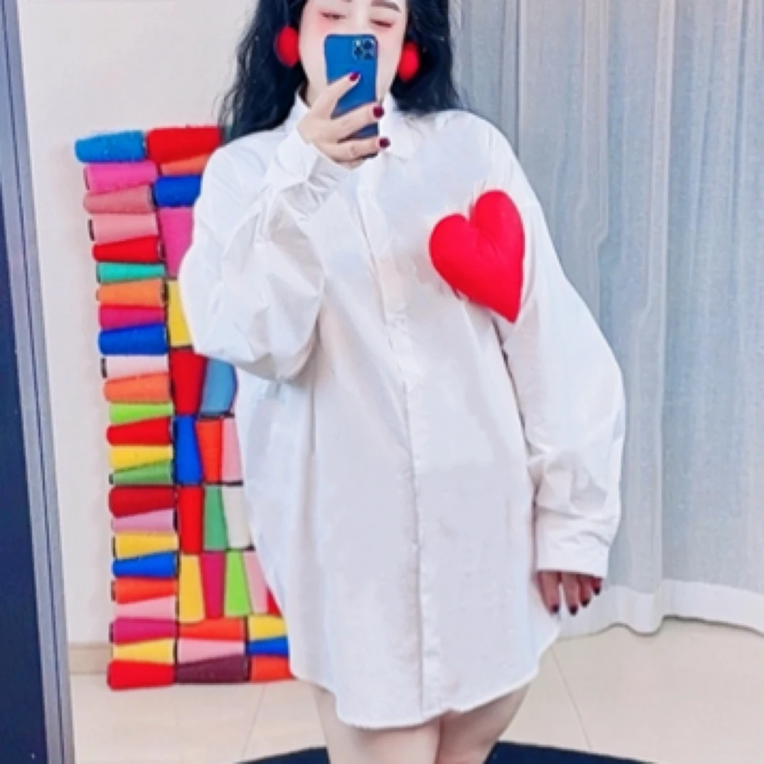 2025大码胖MMins风百搭宽松立体爱心纯色净版男女同款长袖衬衫上