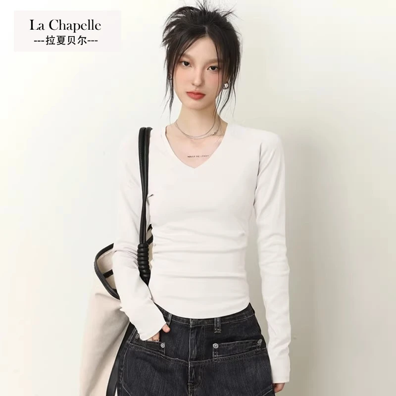 La Chapelle/拉夏贝尔正肩V领长袖t恤女秋冬不规则修身打底衫