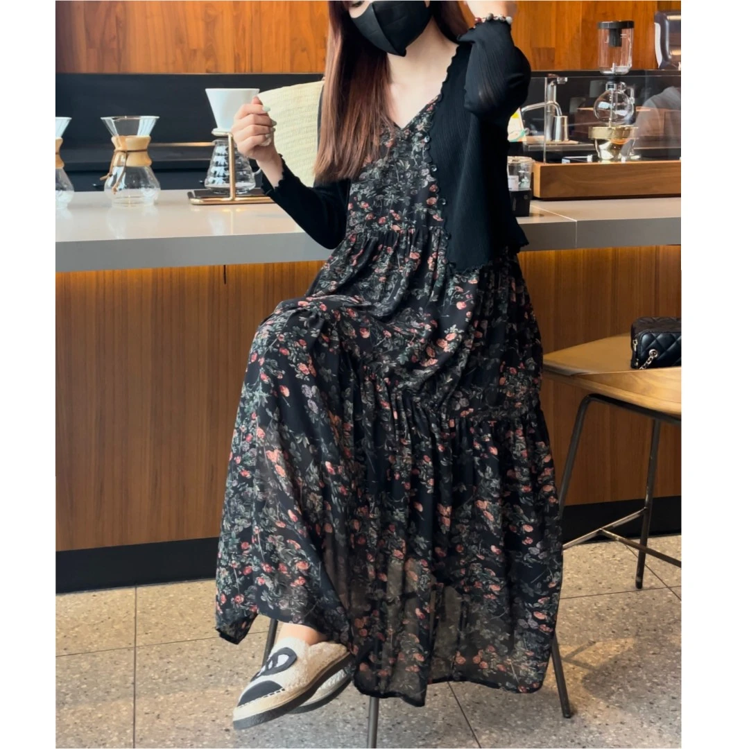 【暗夜玫瑰】气质吊带裙夏天海边裙玫瑰吊带裙碎花长裙复古显瘦015