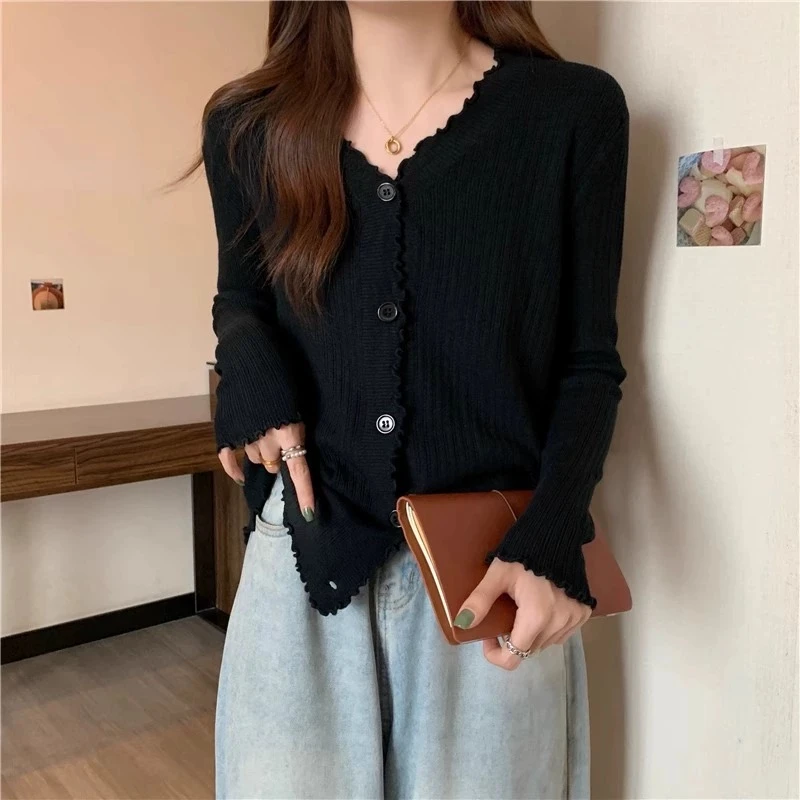 【冰丝防嗮】显瘦纯色木耳边针织开衫女单排扣可外穿针织上衣薄款