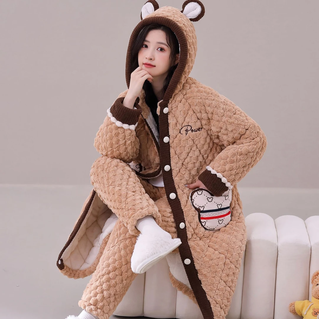 【5687冬季新款长袍睡衣】女士三层加厚加绒夹棉睡衣套装可外穿