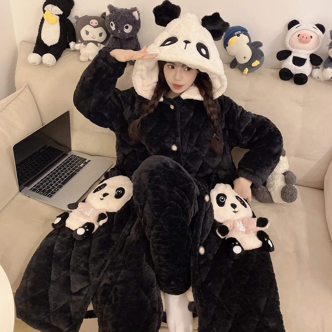 【751黑色冬季新款袍套睡衣】女三层加厚加绒夹棉睡衣套装可外穿