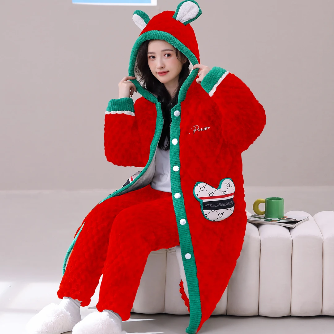 【5687大红冬季新款长袍睡衣】女士三层加厚加绒夹棉睡衣套装可外穿