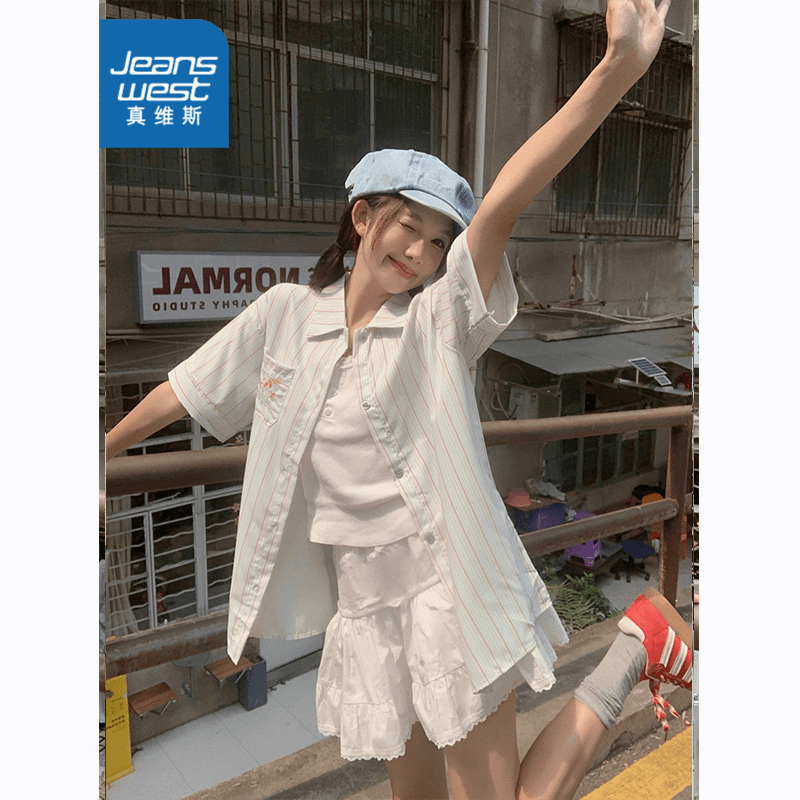 真维斯日系少女小清新条纹短袖衬衣百搭休闲减龄宽松显瘦上衣夏季