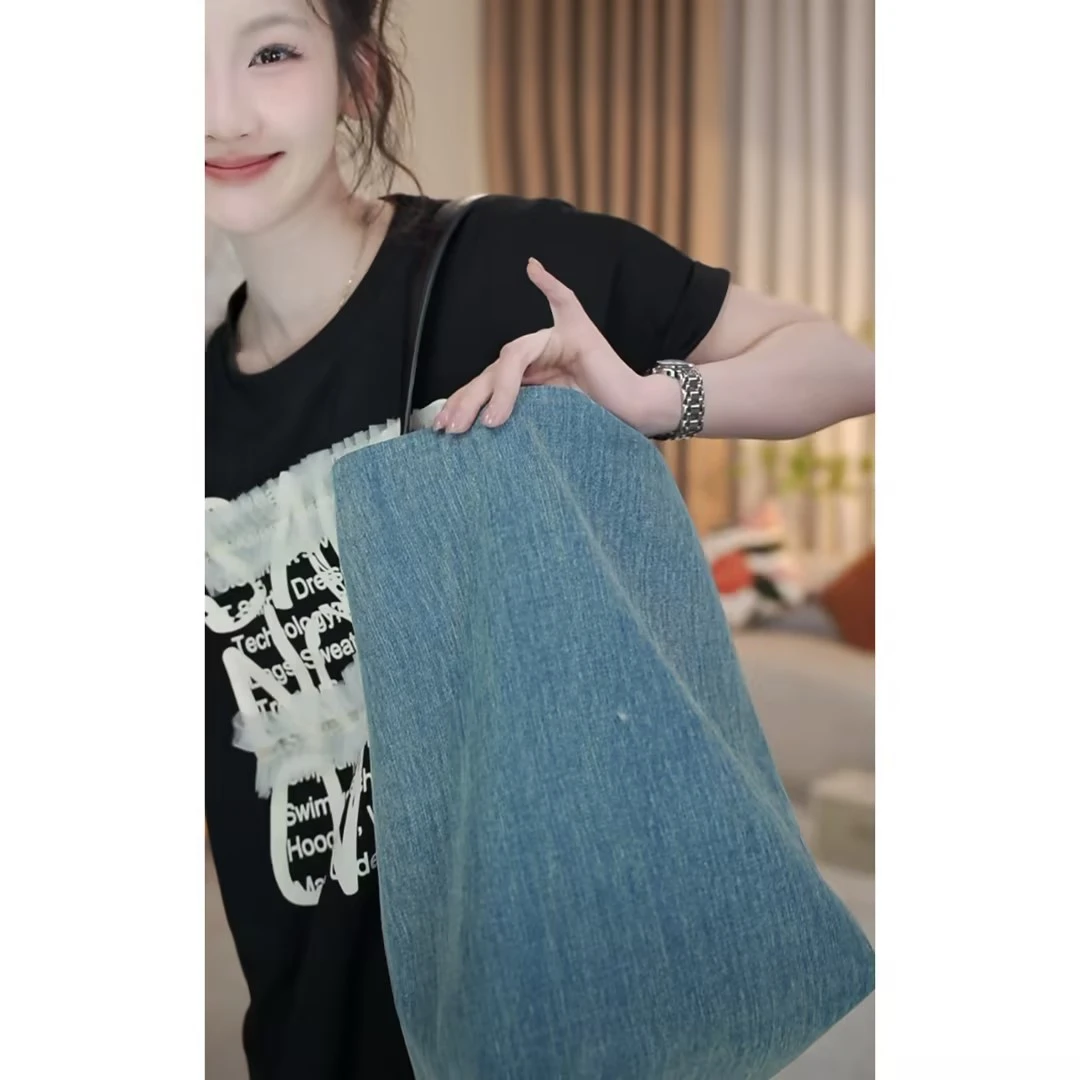 【闵笑一】#K281真皮拼牛仔单肩休闲搭配通勤包包