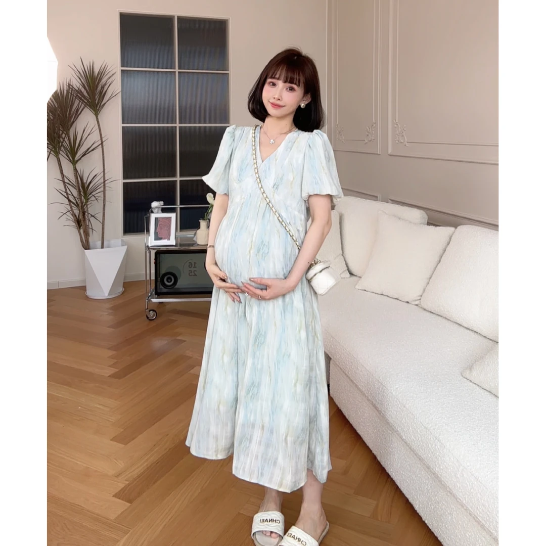 maodan/猫单【莫兰色盘】孕期女装时尚孕妇装夏装洋气V领孕妇连衣裙