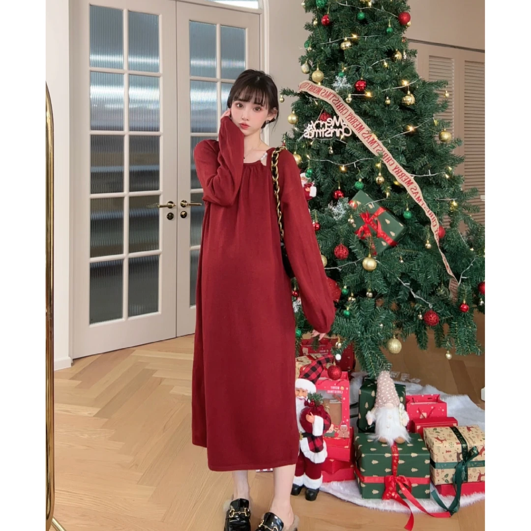 maodan/猫单清仓【织梦时光】孕妇装秋冬红色针织连衣裙打底中长款