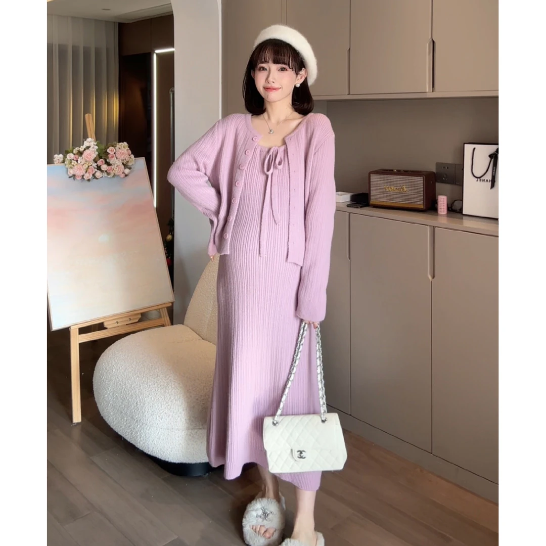 maodan/猫单【蔷薇恋人】孕妇装长袖针织开衫吊带连衣裙套装