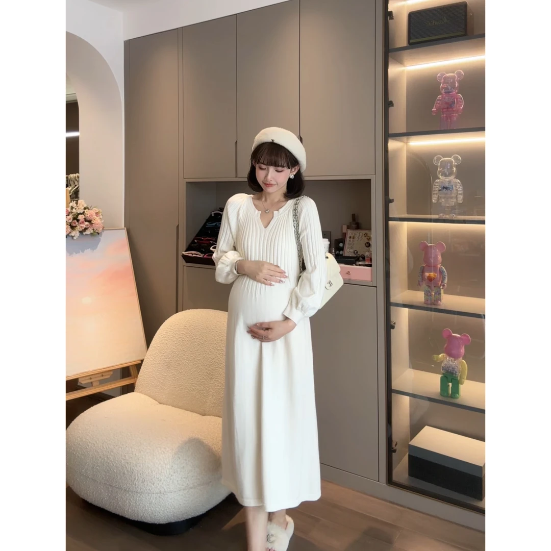 maodan/猫单清仓【秋栀白茶】孕期女装连衣裙秋冬款法式宽松孕妇装