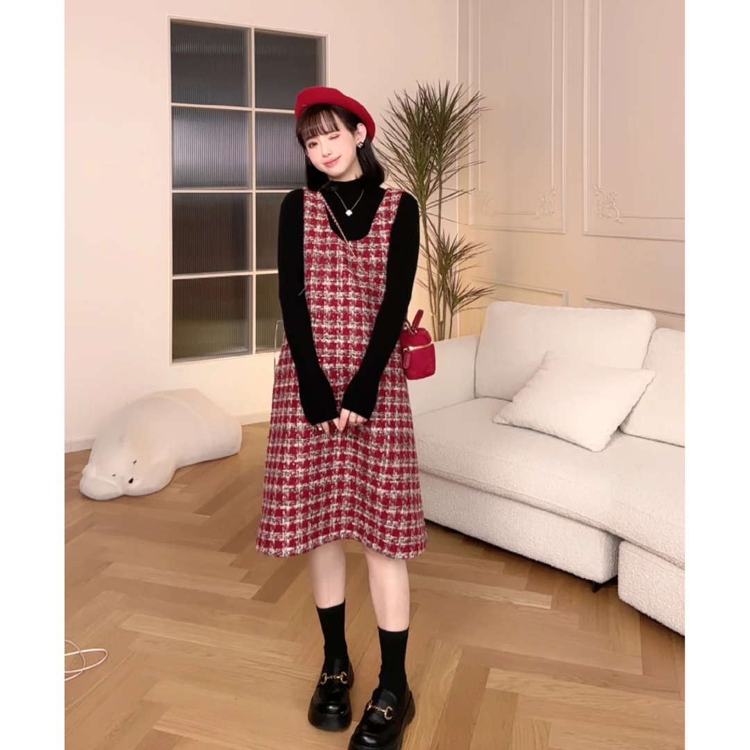 maodan/猫单【朗姆红茶】孕妇装2025新款秋冬背心裙减龄格子裙.