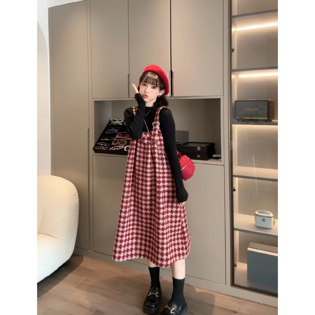 maodan/猫单清仓【莱蒙小镇】孕妇装秋装时尚背带千鸟格连衣裙秋冬.